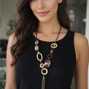 Bold Mixed Metal Ring & Beaded Tassel Statement Necklace - 24”+3” Drop